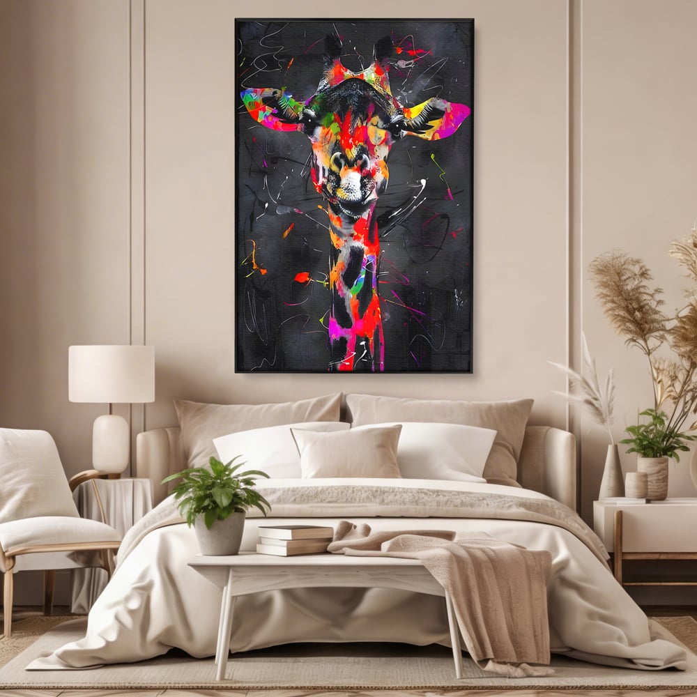 Tablou canvas cu tablou canvas cu girafa multicolor, in rama de aluminiu negru, pe perete intr-un dormitor